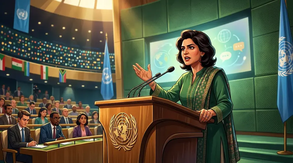 Animated editorial illustration for: Pakistani Diplomat Saima Saleem Accuses India of Exporting Terrorism at UN
