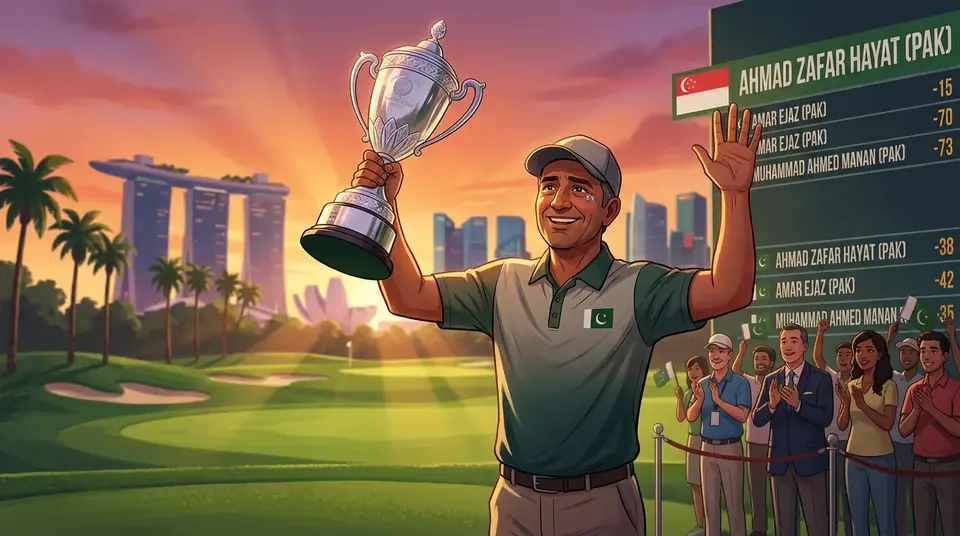 Animated editorial illustration for: Pakistani golfer Ahmad Zafar Hayat wins Singapore amateur championship