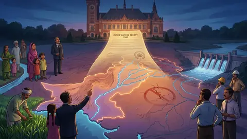 Animated editorial illustration for: PCA Rules Indus Waters Treaty Remains in Force, Rejects India’s Suspension