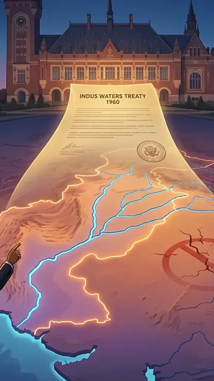 Animated editorial illustration for: PCA Rules Indus Waters Treaty Remains in Force, Rejects India’s Suspension
