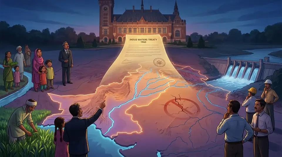 Animated editorial illustration for: PCA Rules Indus Waters Treaty Remains in Force, Rejects India’s Suspension