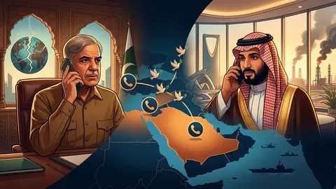 Animated editorial illustration for: PM Shehbaz Condemns Houthi Attacks on Saudi Arabia in Call with Crown Prince