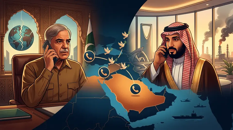Animated editorial illustration for: PM Shehbaz Condemns Houthi Attacks in Call with Saudi Crown Prince