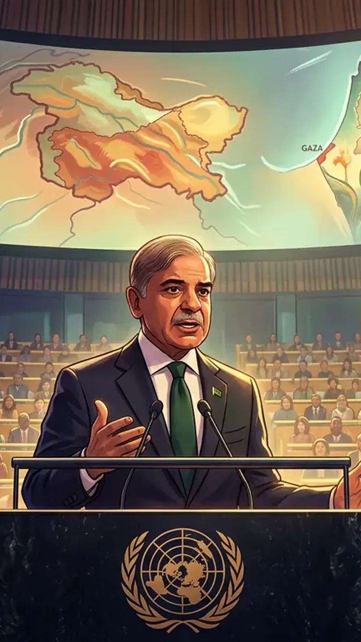 Animated editorial illustration for: Palestinian Mission at UN Highlights PM Shehbaz’s Gaza Appeal