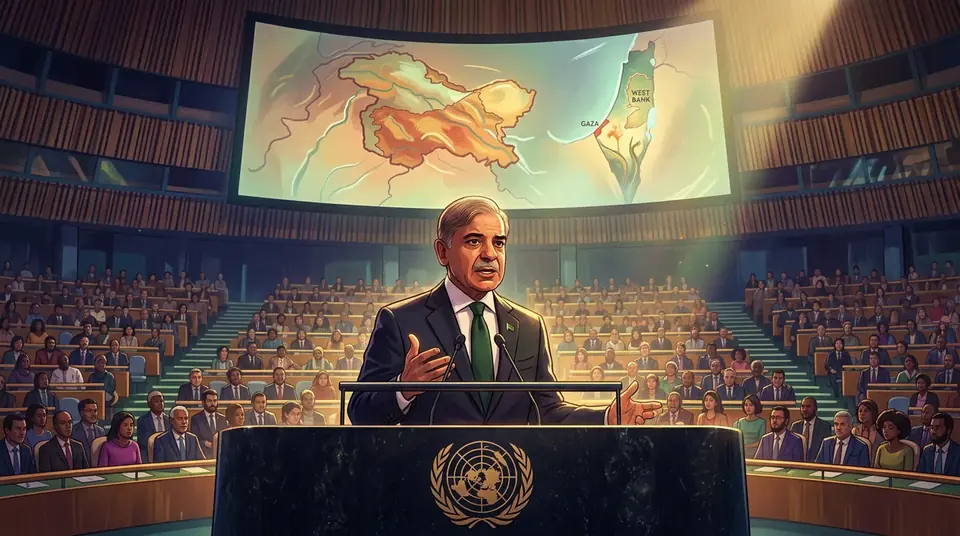 Animated editorial illustration for: PM Shehbaz Sharif addresses UN, reiterates stance on Kashmir and Palestine
