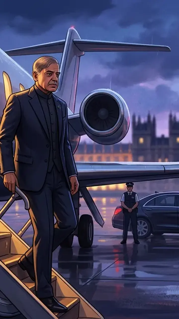 Animated editorial illustration for: PM Shehbaz Sharif Arrives in London After Five-Day US Visit