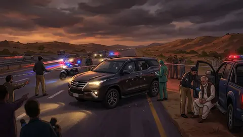 Animated editorial illustration for: PML-N leader Sheikh Shabbir shot dead in Muridke