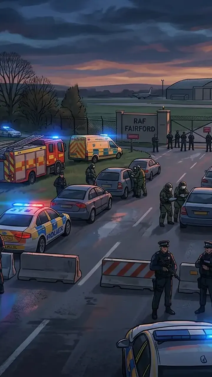 Animated editorial illustration for: Explosives Found, Five Arrested in Terror Plot Near UK Base Used by US