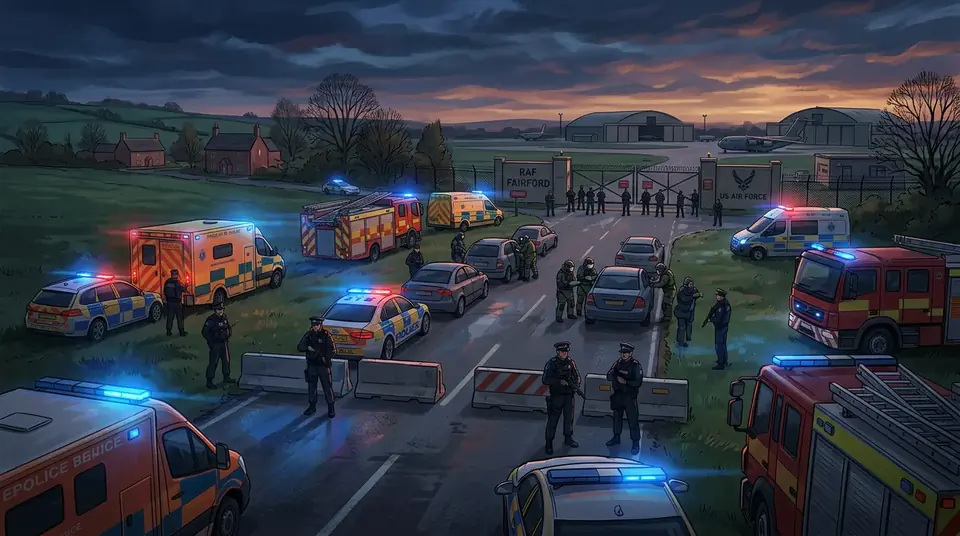 Animated editorial illustration for: Five arrested over suspected terror plot near UK airbase