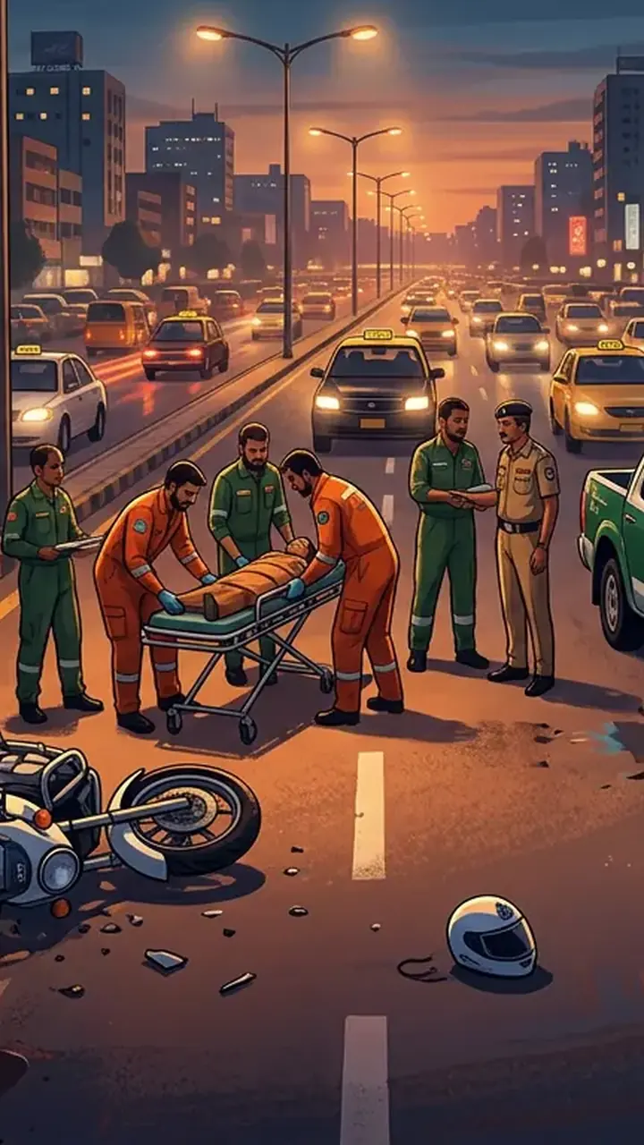 Animated editorial illustration for: Police Officer Killed in Karachi Traffic Accident on Shahrah-e-Bhutto