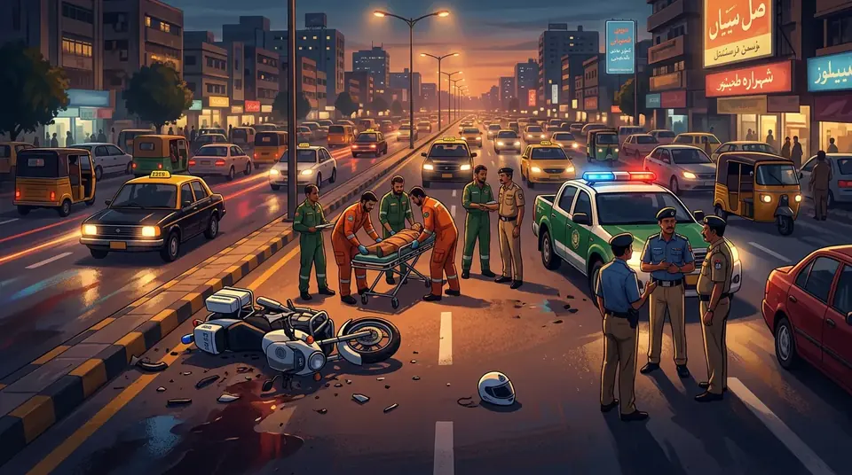 Animated editorial illustration for: Police Officer Killed in Karachi Traffic Accident on Shahrah-e-Bhutto