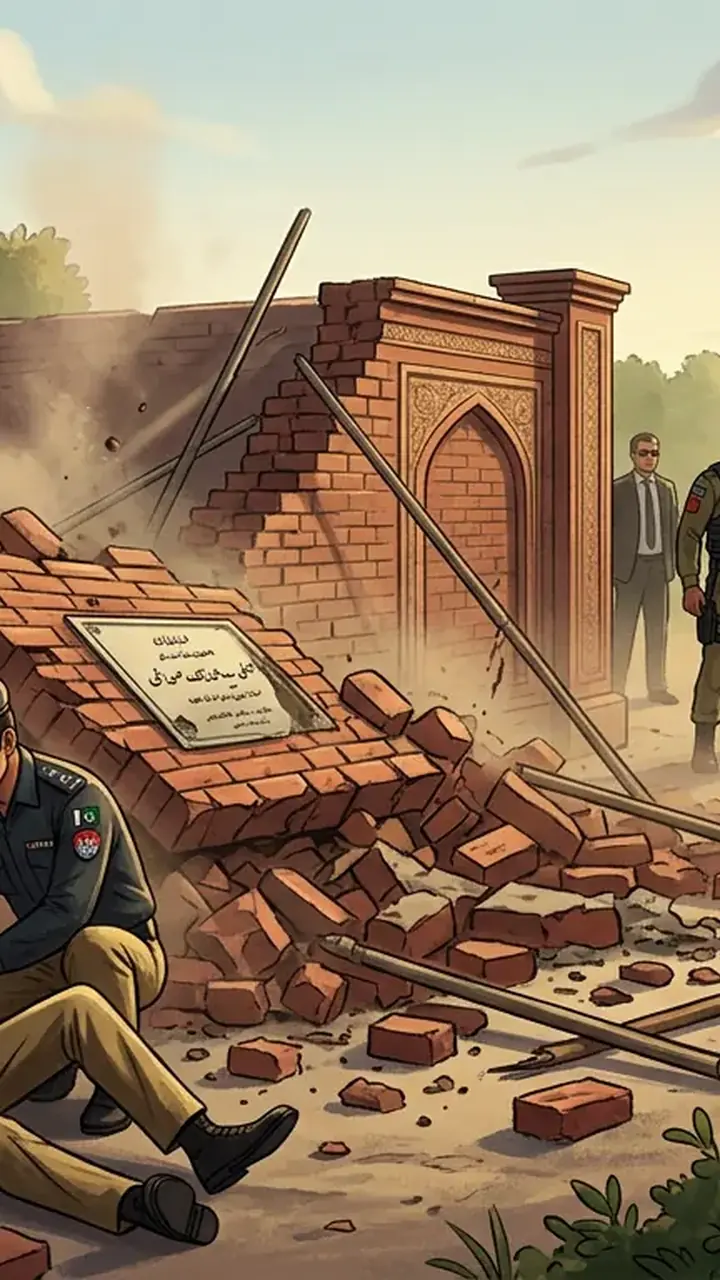 Animated editorial illustration for: Policeman injured as wall collapses at Peshawar project inauguration
