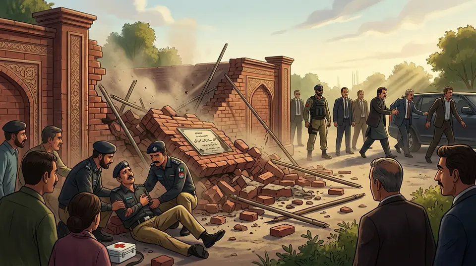 Animated editorial illustration for: Policeman injured as wall collapses at Peshawar project inauguration