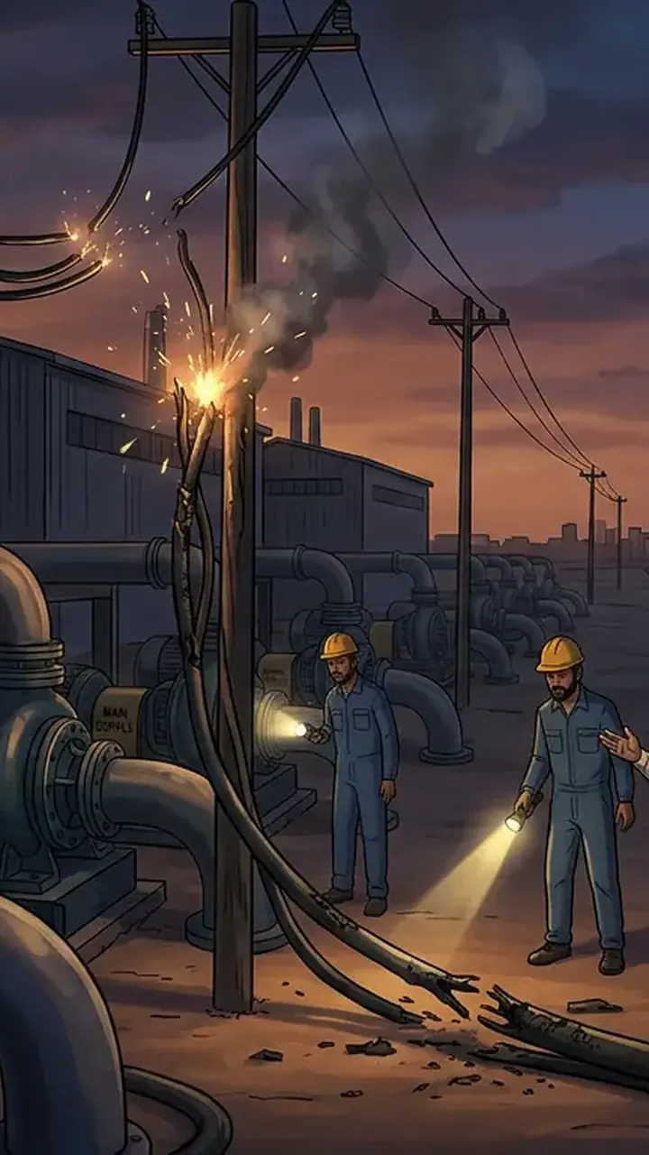 Animated editorial illustration for: Power Restored to Dhabeji Pumping Station, 8 of 10 Pumps Restarted