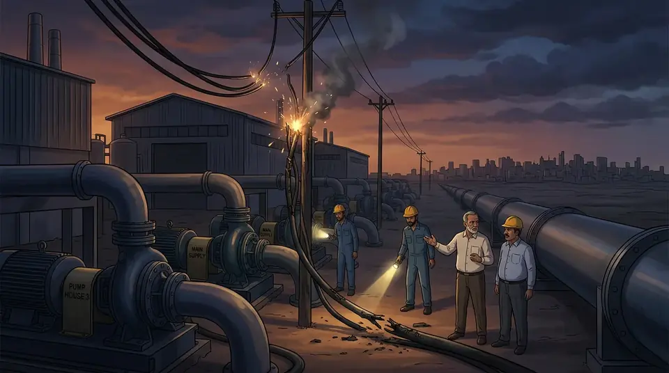 Animated editorial illustration for: Power Outage at Dhabeji Pumping Station Risks Karachi Water Supply