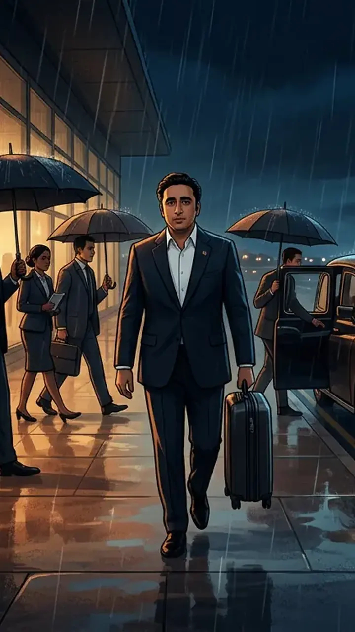 Animated editorial illustration for: PPP Chairman Bilawal Bhutto Zardari arrives in London
