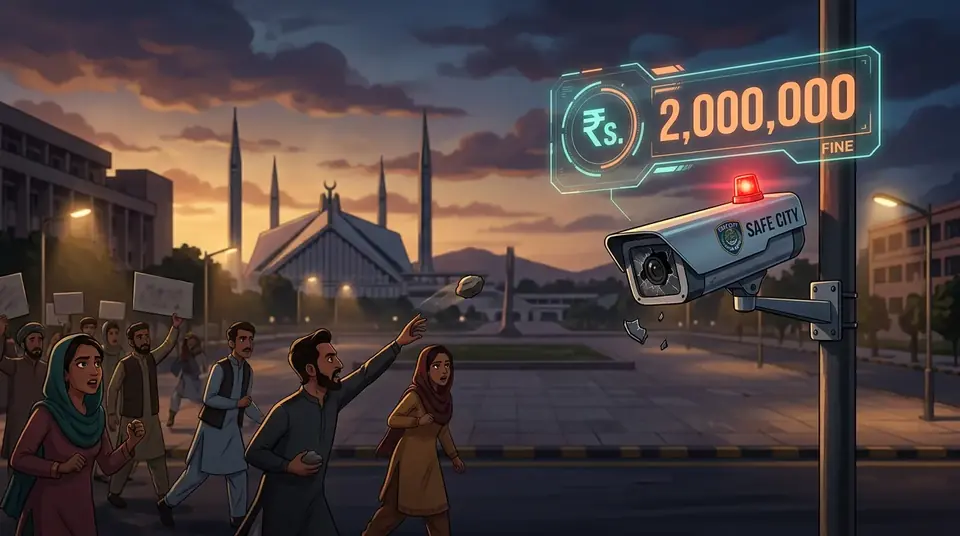 Animated editorial illustration for: President approves ordinance to protect Islamabad Safe City cameras