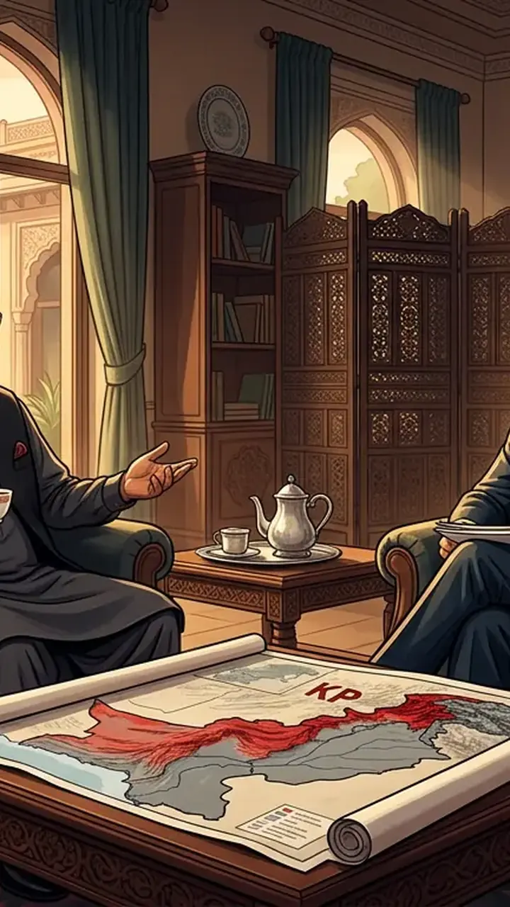 Animated editorial illustration for: Zardari, Naqvi discuss political situation, potential Islamabad protest