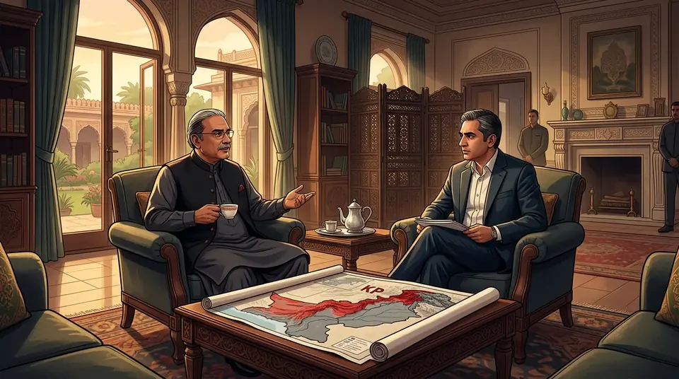 Animated editorial illustration for: President Zardari, Mohsin Naqvi discuss political situation, Khyber Pakhtunkhwa