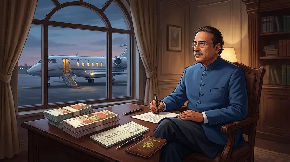 Animated editorial illustration for: President Zardari personally paid for foreign trip, says spokesperson