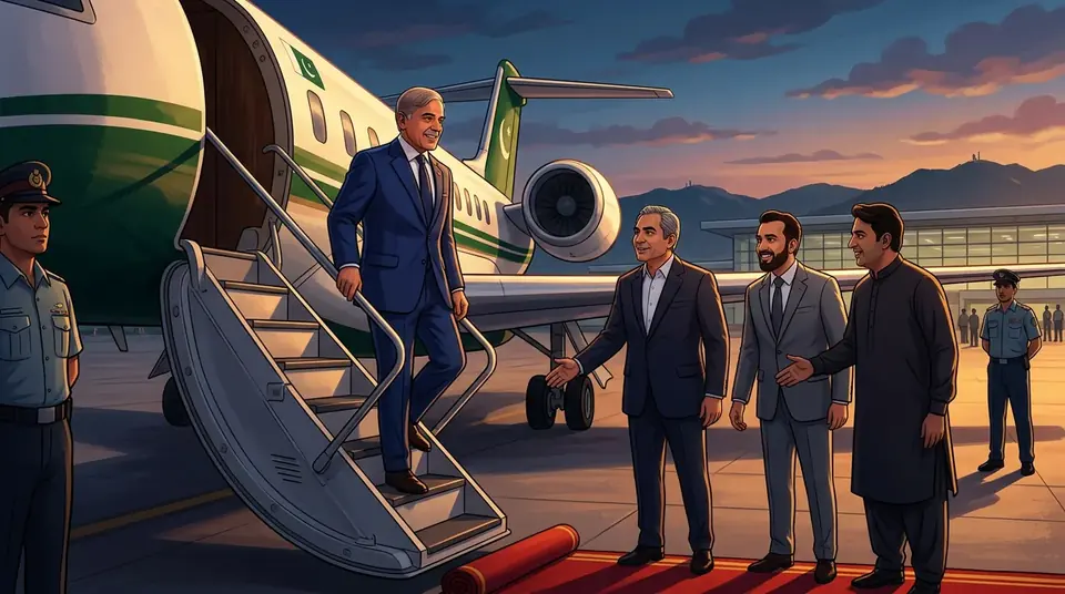 Animated editorial illustration for: Prime Minister Shehbaz Sharif Returns to Pakistan After US, UK Visit