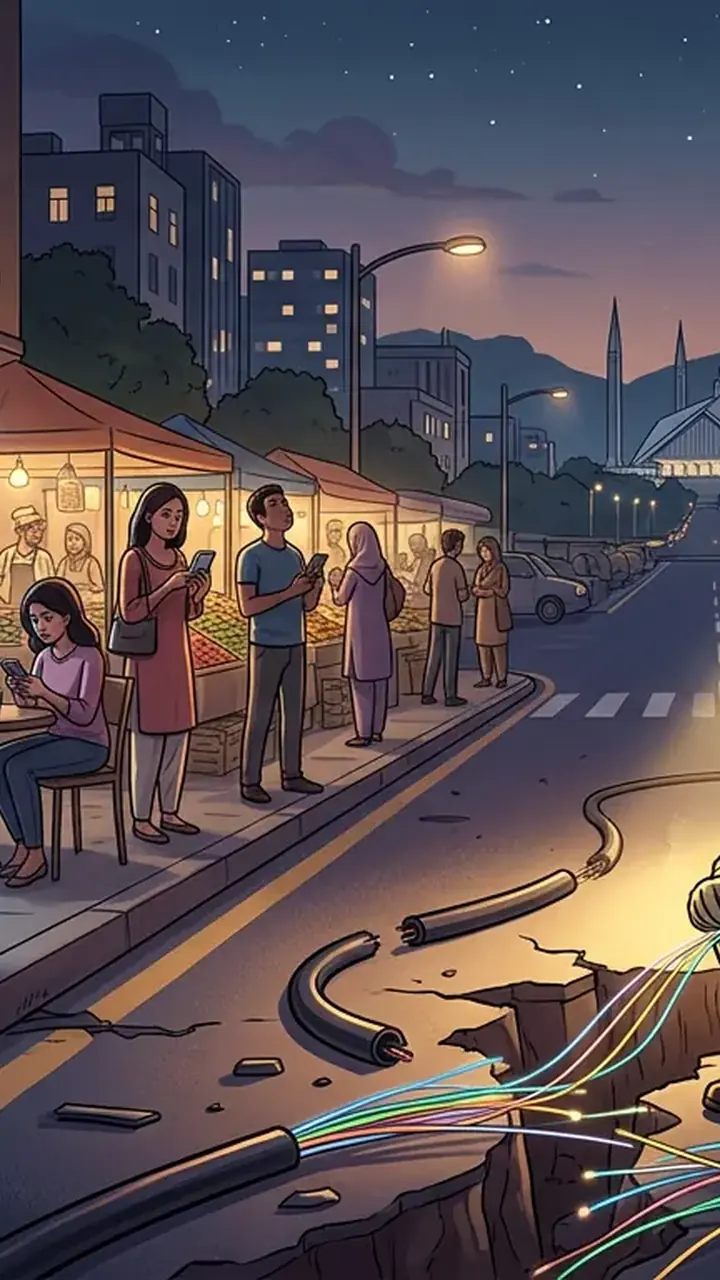 Animated editorial illustration for: Internet Services Restored in Islamabad and Rawalpindi After Fiber Cut