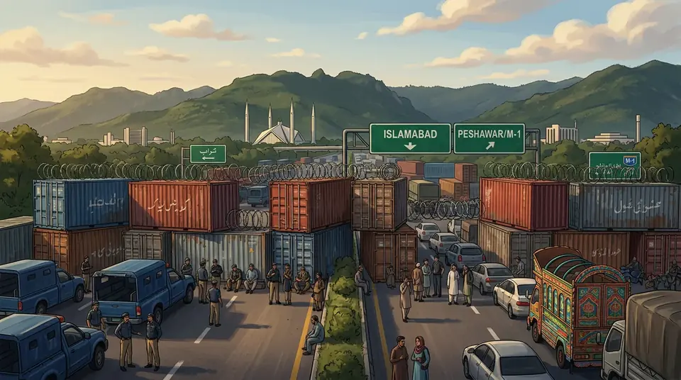 Animated editorial illustration for: Islamabad Reopens Some Routes as PTI Postpones Long March