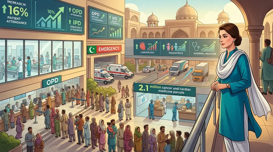 Animated editorial illustration for: Punjab Public Hospitals See 16% Rise in Patient Attendance, Says CM Maryam Nawaz