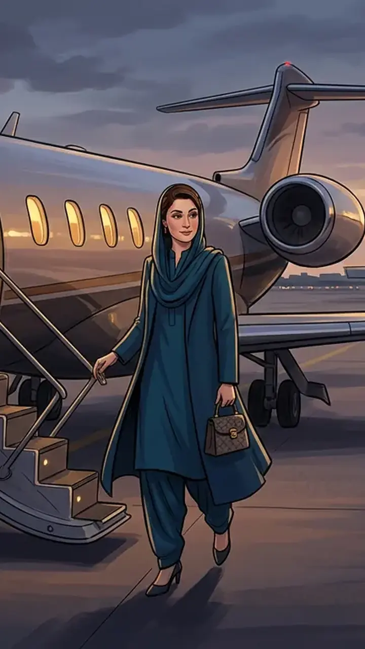 Animated editorial illustration for: Maryam Nawaz will pay for London trip herself, says Maryam Aurangzeb