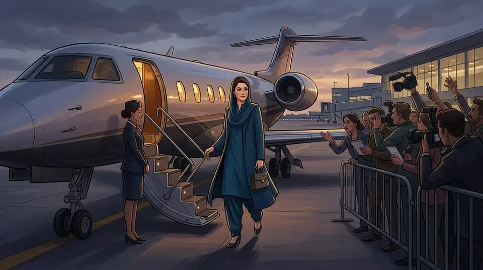 Animated editorial illustration for: Maryam Nawaz will pay for London trip herself, says Maryam Aurangzeb