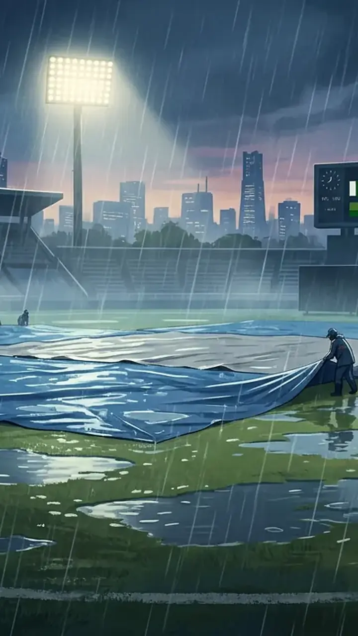 Animated editorial illustration for: Rain washes out Asian Games cricket, sets up Pakistan-Bangladesh semi-final