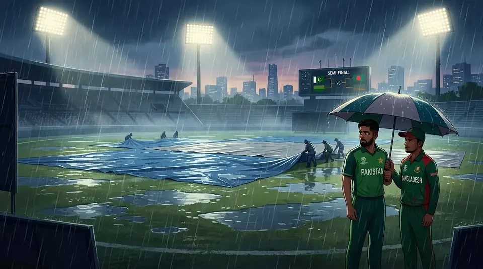 Animated editorial illustration for: Rain washes out Asian Games cricket, sets up Pakistan-Bangladesh semi-final