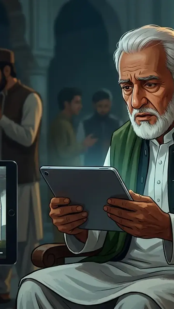 Animated editorial illustration for: Religious scholars condemn fake AI video of drone attack on Faisal Mosque