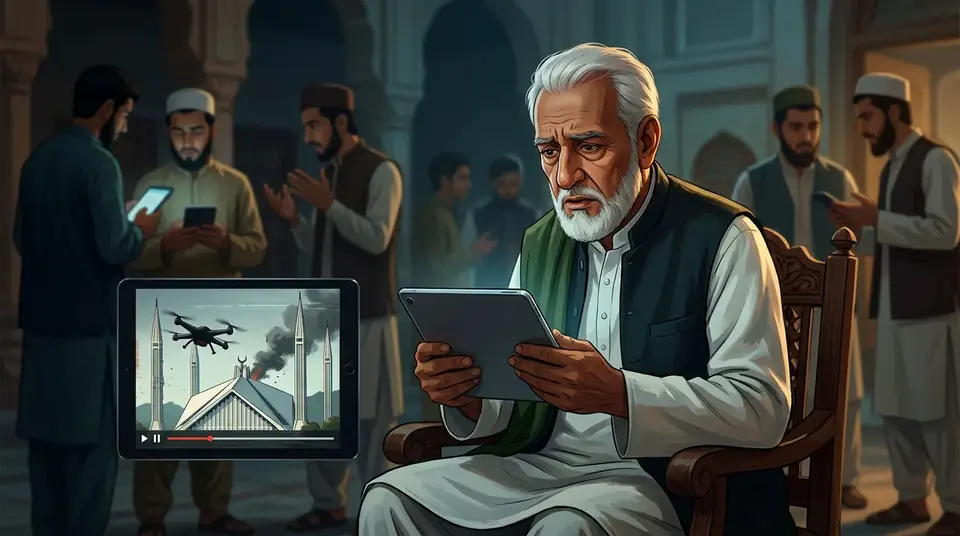 Animated editorial illustration for: Religious scholars condemn fake AI video of drone attack on Faisal Mosque