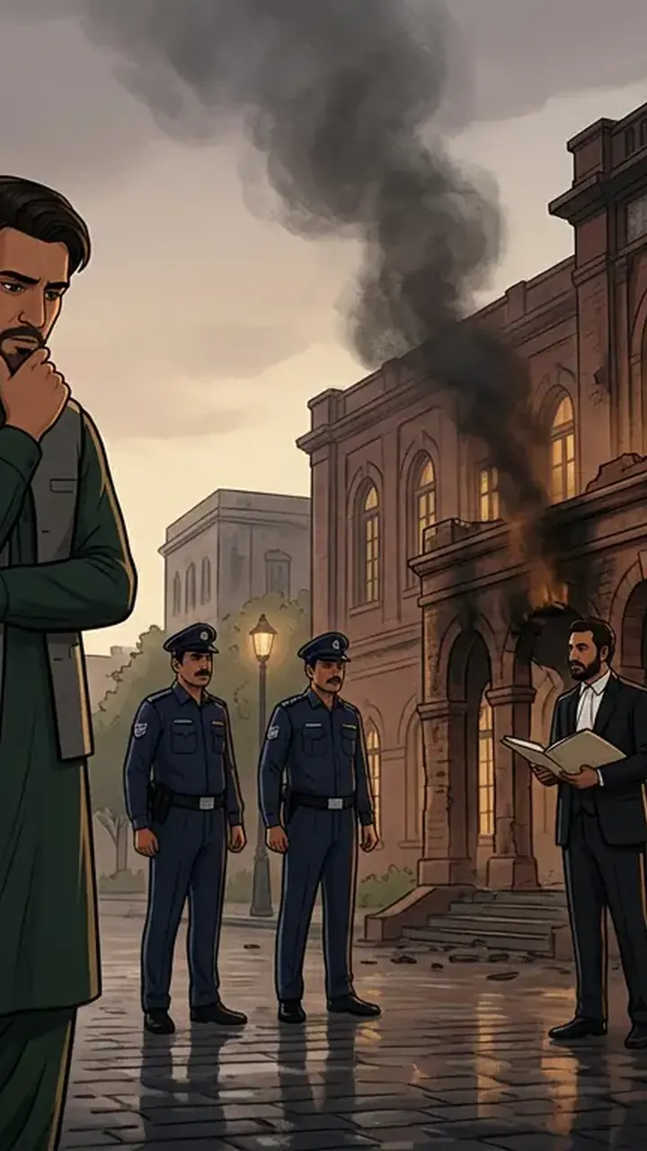 Animated editorial illustration for: Hearing held in May 9 Radio Pakistan attack case involving KP CM