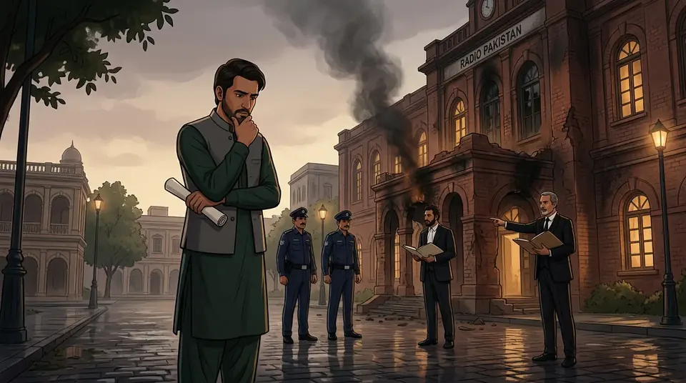 Animated editorial illustration for: Hearing held in May 9 Radio Pakistan attack case involving KP CM