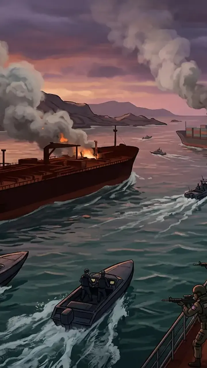 Animated editorial illustration for: Reports Claim 20 Commercial Ships Attacked in Strait of Hormuz
