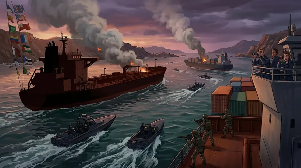 Animated editorial illustration for: Reports Claim 20 Commercial Ships Attacked in Strait of Hormuz