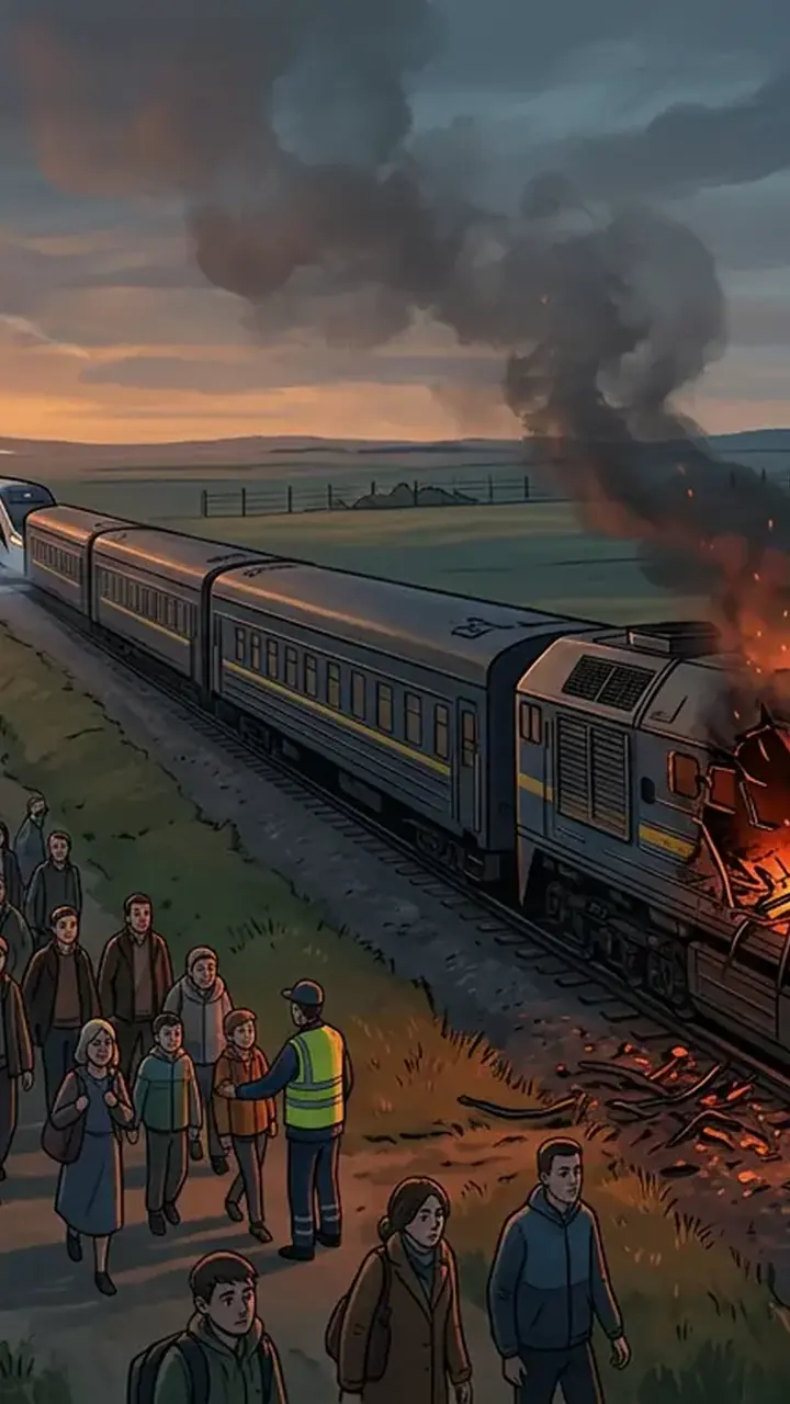 Animated editorial illustration for: Russian Drone Strikes Train in Ukraine Near Polish Border After Officials Pass