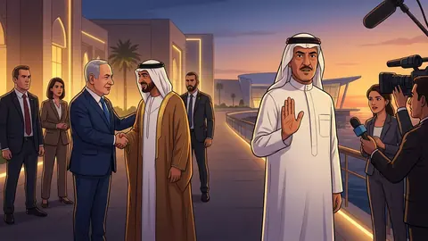 Animated editorial illustration for: Saudi Cabinet Denies Reports of Meeting with Israeli Officials