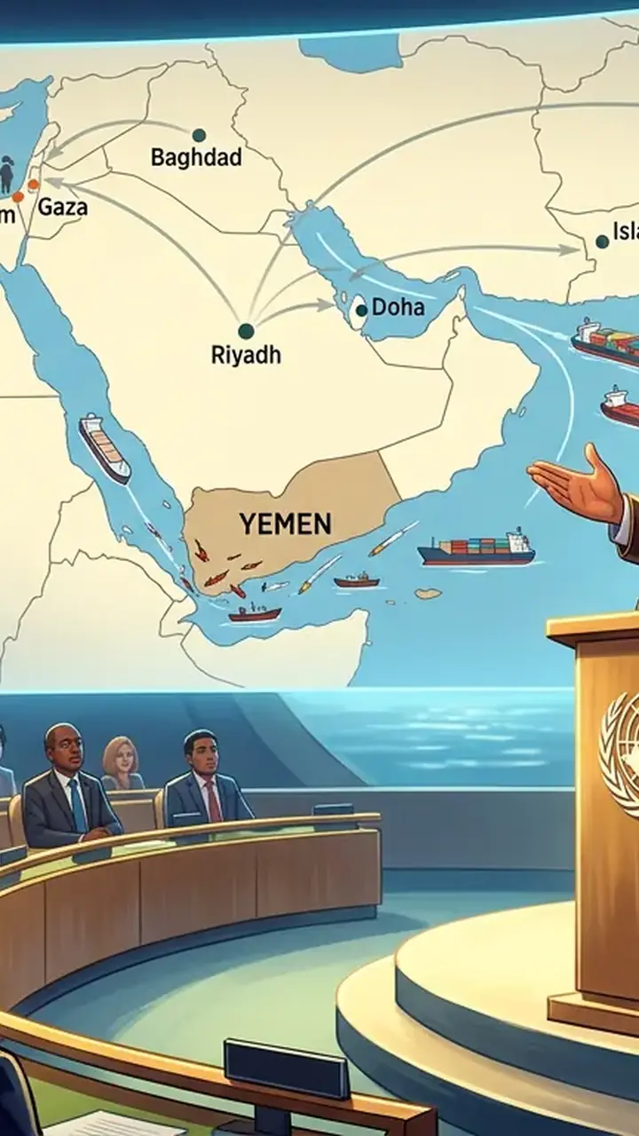 Animated editorial illustration for: Saudi Arabia warns Houthi attacks threaten regional and global security