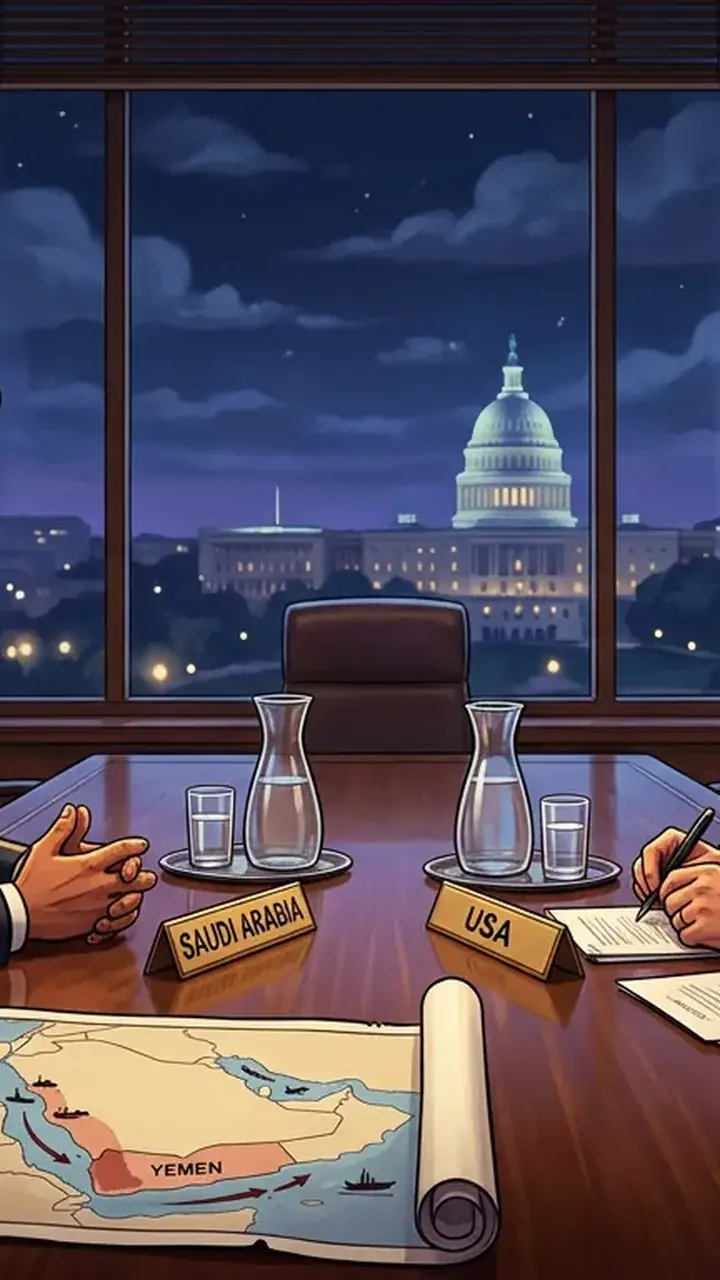 Animated editorial illustration for: Saudi FM Arrives in Washington for Talks on Red Sea Tensions