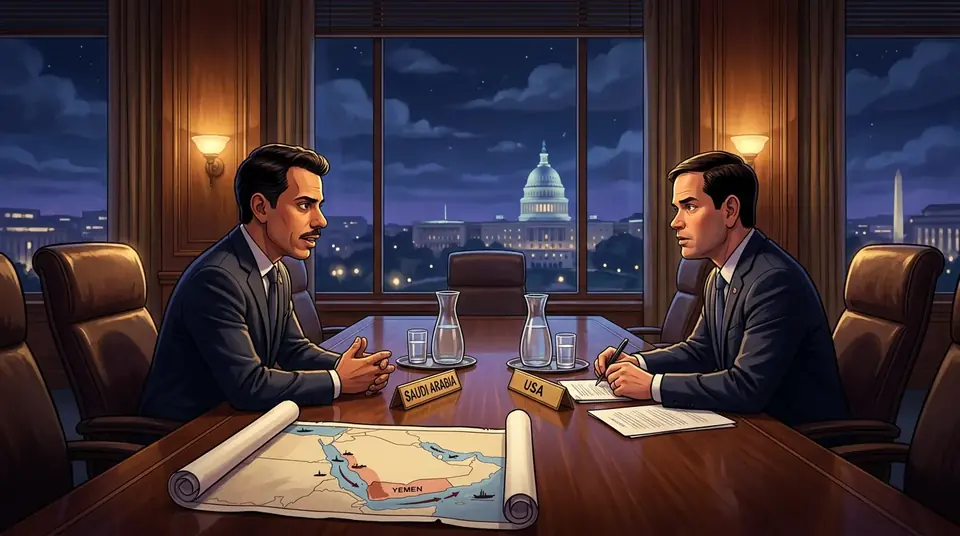 Animated editorial illustration for: Saudi FM Arrives in Washington for Talks on Red Sea Tensions