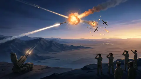 Animated editorial illustration for: Saudi Arabia intercepts more Houthi drones and missiles
