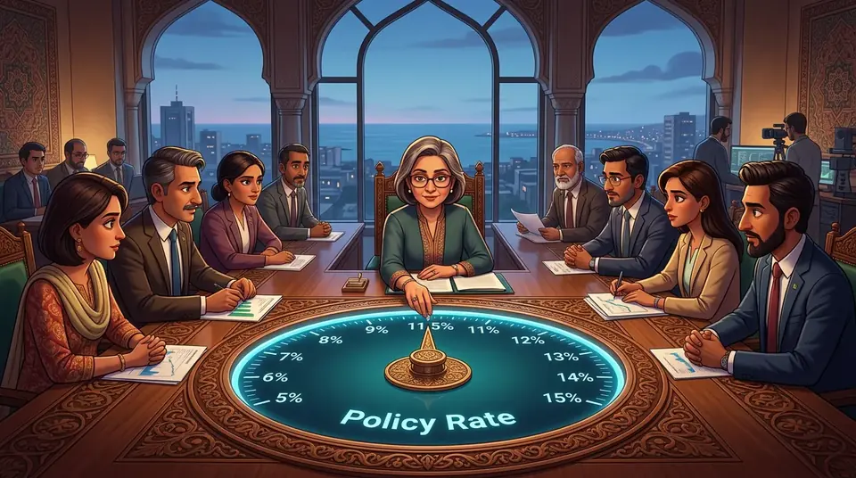 Animated editorial illustration for: SBP to Announce Monetary Policy Amid Status Quo Expectations