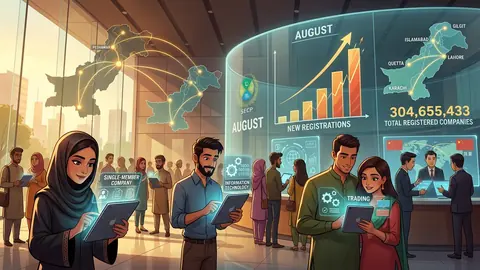 Animated editorial illustration for: SECP registers 4,761 new companies in August, total reaches 311,765
