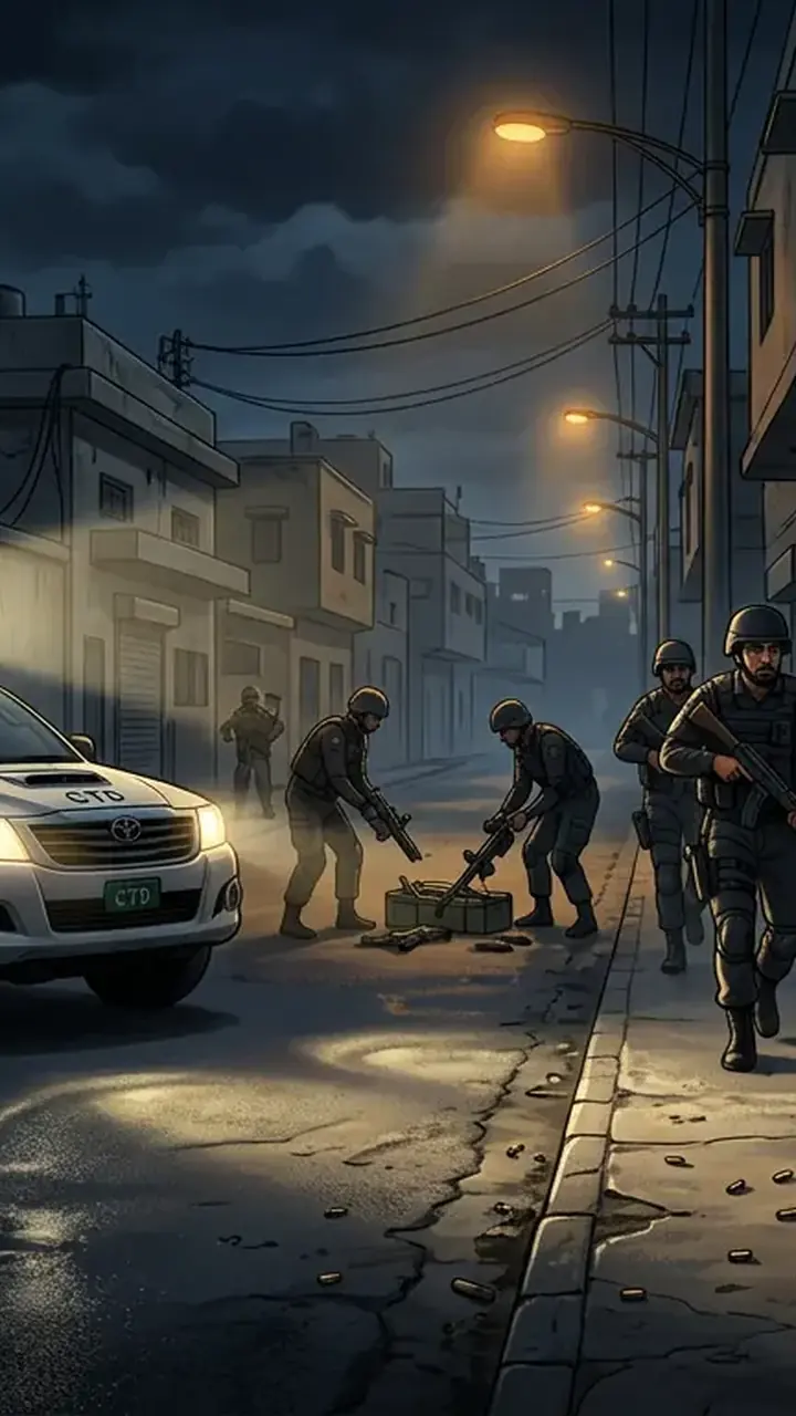 Animated editorial illustration for: Security forces kill wanted terrorist in Karachi joint operation