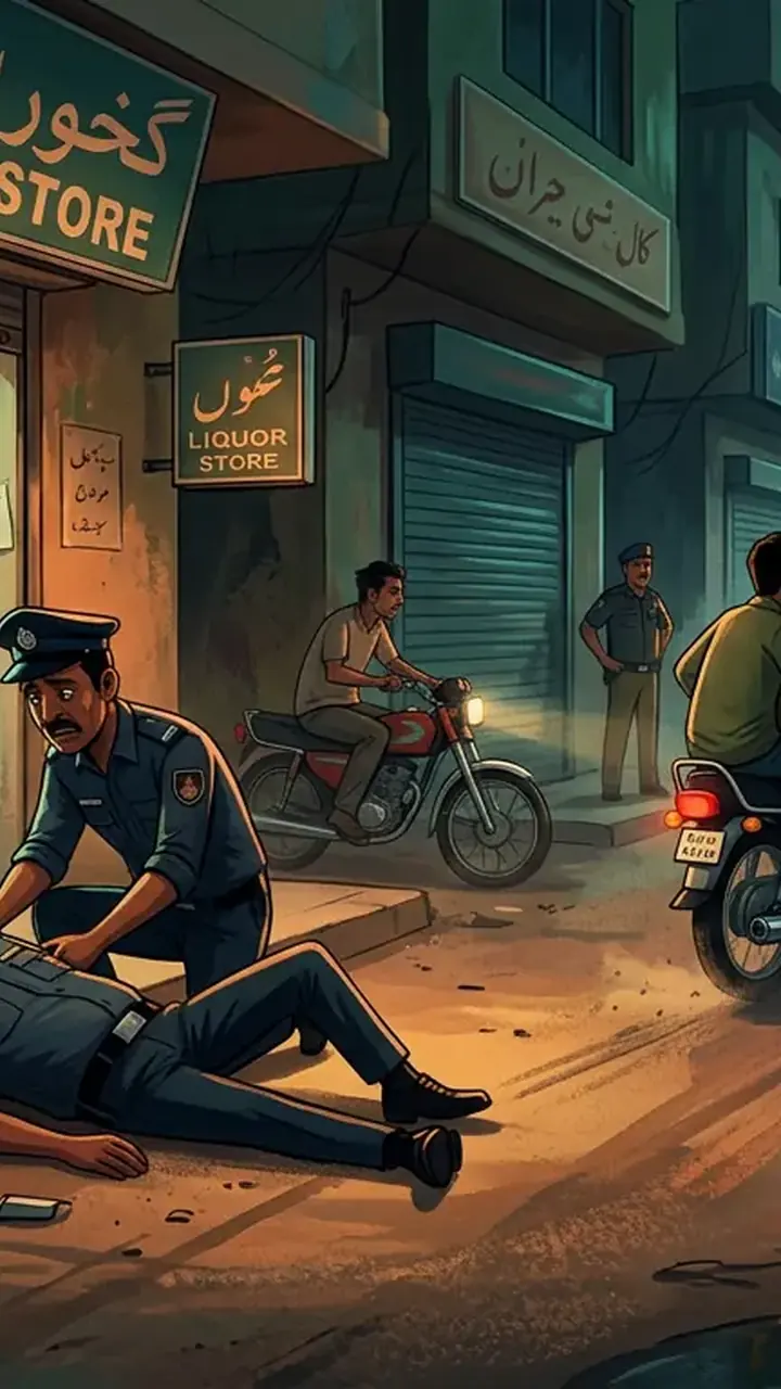 Animated editorial illustration for: Security guard killed, one injured in Karachi liquor store shooting