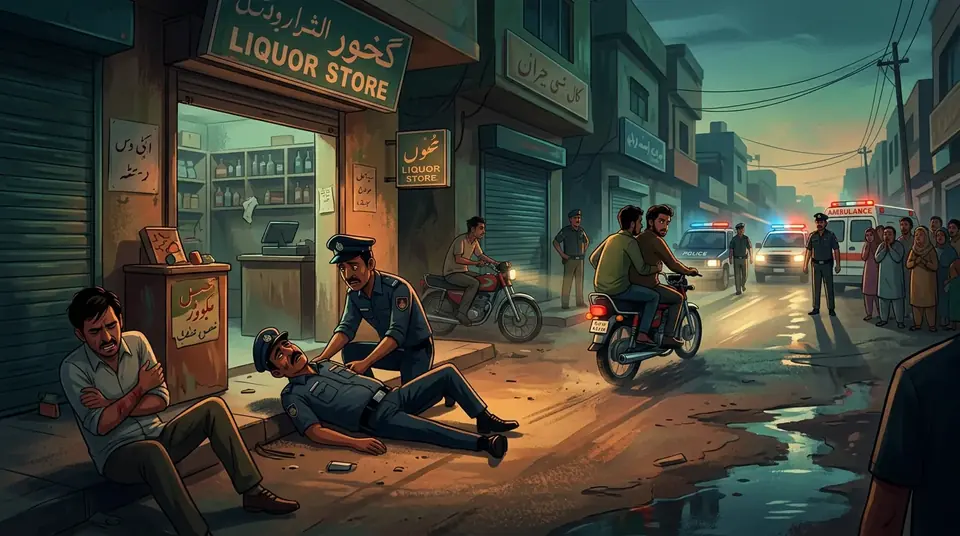 Animated editorial illustration for: Security guard killed, one injured in Karachi liquor store shooting