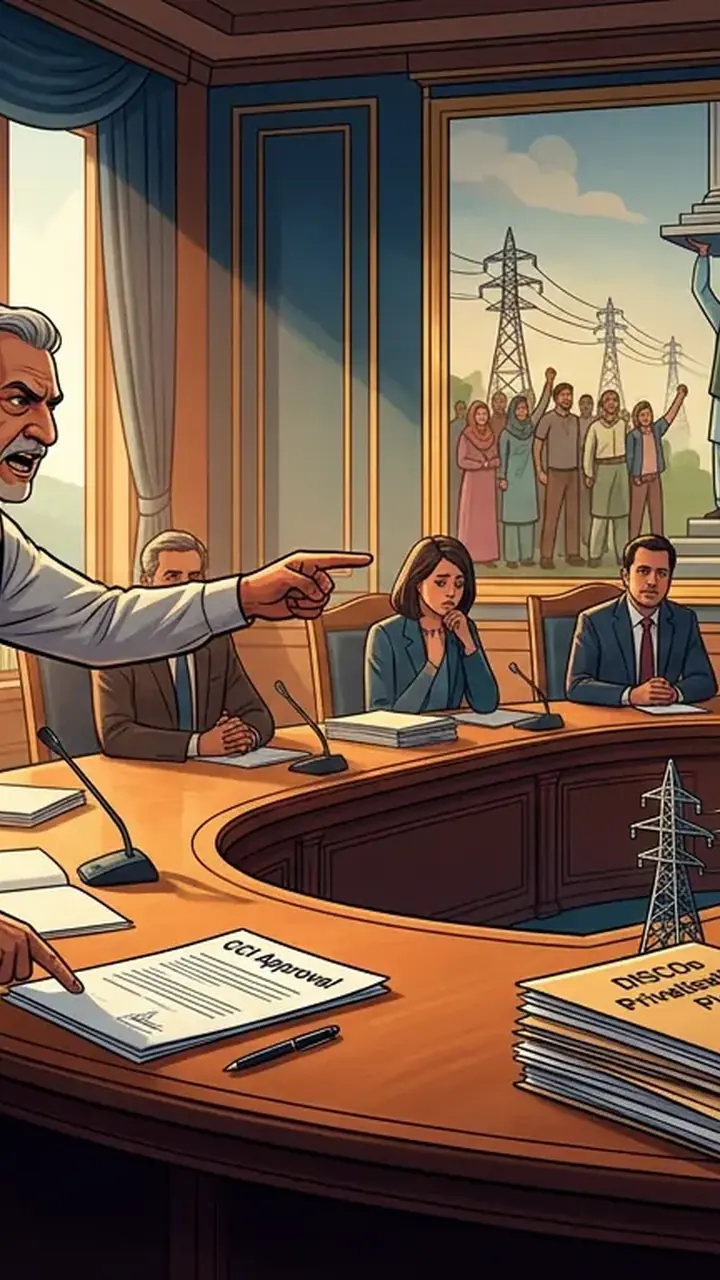Animated editorial illustration for: Senate Panel Seeks Halt to Discos Privatisation, Demands CCI Approval